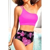 image:imageWomen High Waisted Bikini One Shoulder Two Piece Full Coverage SwimsuitsPink Floral2