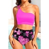 image:imageWomen High Waisted Bikini One Shoulder Two Piece Full Coverage SwimsuitsPink Floral2