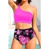 image:imageWomen High Waisted Bikini One Shoulder Two Piece Full Coverage SwimsuitsPink Floral2