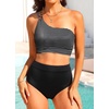 image:imageWomen High Waisted Bikini One Shoulder Two Piece Full Coverage SwimsuitsStriped