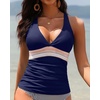 image:imageWomens Halter Tankini Top V Neck Swim Top Tummy Control Bathing Suit  Adjustable Straps Removable Cups Backless Full lining Dry Quickly Full Torso Modesty Via Long HemNavy Blue 01