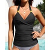 image:imageWomens Halter Tankini Top V Neck Swim Top Tummy Control Bathing Suit  Adjustable Straps Removable Cups Backless Full lining Dry Quickly Full Torso Modesty Via Long HemBlack03