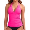 image:imageWomens Halter Tankini Top V Neck Swim Top Tummy Control Bathing Suit  Adjustable Straps Removable Cups Backless Full lining Dry Quickly Full Torso Modesty Via Long HemPink