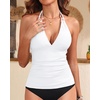 image:imageWomens Halter Tankini Top V Neck Swim Top Tummy Control Bathing Suit  Adjustable Straps Removable Cups Backless Full lining Dry Quickly Full Torso Modesty Via Long HemWhite