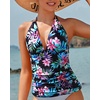 image:imageWomens Halter Tankini Top V Neck Swim Top Tummy Control Bathing Suit  Adjustable Straps Removable Cups Backless Full lining Dry Quickly Full Torso Modesty Via Long HemColorful Floral 02