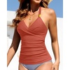 image:imageWomens Halter Tankini Top V Neck Swim Top Tummy Control Bathing Suit  Adjustable Straps Removable Cups Backless Full lining Dry Quickly Full Torso Modesty Via Long HemBrick Red01