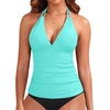image:imageWomens Halter Tankini Top V Neck Swim Top Tummy Control Bathing Suit  Adjustable Straps Removable Cups Backless Full lining Dry Quickly Full Torso Modesty Via Long HemAqua
