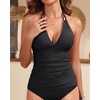 image:imageWomens Halter Tankini Top V Neck Swim Top Tummy Control Bathing Suit  Adjustable Straps Removable Cups Backless Full lining Dry Quickly Full Torso Modesty Via Long HemBlack