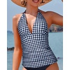 image:imageWomens Halter Tankini Top V Neck Swim Top Tummy Control Bathing Suit  Adjustable Straps Removable Cups Backless Full lining Dry Quickly Full Torso Modesty Via Long HemBlack and White Plaid