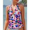 image:imageWomens Halter Tankini Top V Neck Swim Top Tummy Control Bathing Suit  Adjustable Straps Removable Cups Backless Full lining Dry Quickly Full Torso Modesty Via Long HemColorful Floral