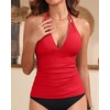image:imageWomens Halter Tankini Top V Neck Swim Top Tummy Control Bathing Suit  Adjustable Straps Removable Cups Backless Full lining Dry Quickly Full Torso Modesty Via Long HemChili Red