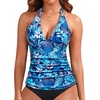 image:imageWomens Halter Tankini Top V Neck Swim Top Tummy Control Bathing Suit  Adjustable Straps Removable Cups Backless Full lining Dry Quickly Full Torso Modesty Via Long HemBlue Leaf