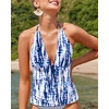 image:imageWomens Halter Tankini Top V Neck Swim Top Tummy Control Bathing Suit  Adjustable Straps Removable Cups Backless Full lining Dry Quickly Full Torso Modesty Via Long HemBlue Tie Dye