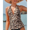 image:imageWomens Halter Tankini Top V Neck Swim Top Tummy Control Bathing Suit  Adjustable Straps Removable Cups Backless Full lining Dry Quickly Full Torso Modesty Via Long HemBrown Leopard