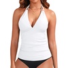 image:imageWomens Halter Tankini Top V Neck Swim Top Tummy Control Bathing Suit  Adjustable Straps Removable Cups Backless Full lining Dry Quickly Full Torso Modesty Via Long HemWhite