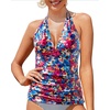 image:imageWomens Halter Tankini Top V Neck Swim Top Tummy Control Bathing Suit  Adjustable Straps Removable Cups Backless Full lining Dry Quickly Full Torso Modesty Via Long HemColorful Floral 03