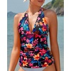 image:imageWomens Halter Tankini Top V Neck Swim Top Tummy Control Bathing Suit  Adjustable Straps Removable Cups Backless Full lining Dry Quickly Full Torso Modesty Via Long HemRed Flower