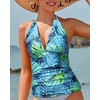 image:imageWomens Halter Tankini Top V Neck Swim Top Tummy Control Bathing Suit  Adjustable Straps Removable Cups Backless Full lining Dry Quickly Full Torso Modesty Via Long HemBlue Leaves