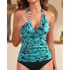 image:imageWomens Halter Tankini Top V Neck Swim Top Tummy Control Bathing Suit  Adjustable Straps Removable Cups Backless Full lining Dry Quickly Full Torso Modesty Via Long HemBlue Paisley 02