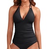 image:imageWomens Halter Tankini Top V Neck Swim Top Tummy Control Bathing Suit  Adjustable Straps Removable Cups Backless Full lining Dry Quickly Full Torso Modesty Via Long HemBlack