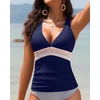 image:imageWomens Halter Tankini Top V Neck Swim Top Tummy Control Bathing Suit  Adjustable Straps Removable Cups Backless Full lining Dry Quickly Full Torso Modesty Via Long HemNavy Blue 01