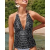 image:imageWomens Halter Tankini Top V Neck Swim Top Tummy Control Bathing Suit  Adjustable Straps Removable Cups Backless Full lining Dry Quickly Full Torso Modesty Via Long HemBlack White Dot