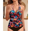 image:imageWomens Halter Tankini Top V Neck Swim Top Tummy Control Bathing Suit  Adjustable Straps Removable Cups Backless Full lining Dry Quickly Full Torso Modesty Via Long HemRed Flower