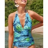 image:imageWomens Halter Tankini Top V Neck Swim Top Tummy Control Bathing Suit  Adjustable Straps Removable Cups Backless Full lining Dry Quickly Full Torso Modesty Via Long HemBlue Leaves