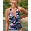 image:imageWomens Halter Tankini Top V Neck Swim Top Tummy Control Bathing Suit  Adjustable Straps Removable Cups Backless Full lining Dry Quickly Full Torso Modesty Via Long HemColorful Floral 02