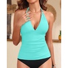 image:imageWomens Halter Tankini Top V Neck Swim Top Tummy Control Bathing Suit  Adjustable Straps Removable Cups Backless Full lining Dry Quickly Full Torso Modesty Via Long HemAqua