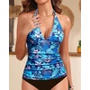 image:imageWomens Halter Tankini Top V Neck Swim Top Tummy Control Bathing Suit  Adjustable Straps Removable Cups Backless Full lining Dry Quickly Full Torso Modesty Via Long HemBlue Leaf
