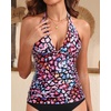 image:imageWomens Halter Tankini Top V Neck Swim Top Tummy Control Bathing Suit  Adjustable Straps Removable Cups Backless Full lining Dry Quickly Full Torso Modesty Via Long HemColorful Leopard