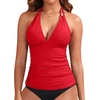 image:imageWomens Halter Tankini Top V Neck Swim Top Tummy Control Bathing Suit  Adjustable Straps Removable Cups Backless Full lining Dry Quickly Full Torso Modesty Via Long HemChili Red