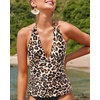 image:imageWomens Halter Tankini Top V Neck Swim Top Tummy Control Bathing Suit  Adjustable Straps Removable Cups Backless Full lining Dry Quickly Full Torso Modesty Via Long HemBrown Leopard