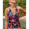 image:imageWomens Halter Tankini Top V Neck Swim Top Tummy Control Bathing Suit  Adjustable Straps Removable Cups Backless Full lining Dry Quickly Full Torso Modesty Via Long HemRed Flower