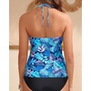 image:imageWomens Halter Tankini Top V Neck Swim Top Tummy Control Bathing Suit  Adjustable Straps Removable Cups Backless Full lining Dry Quickly Full Torso Modesty Via Long HemBlue Leaf