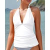 image:imageWomens Halter Tankini Top V Neck Swim Top Tummy Control Bathing Suit  Adjustable Straps Removable Cups Backless Full lining Dry Quickly Full Torso Modesty Via Long HemWhite