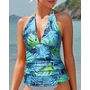 image:imageWomens Halter Tankini Top V Neck Swim Top Tummy Control Bathing Suit  Adjustable Straps Removable Cups Backless Full lining Dry Quickly Full Torso Modesty Via Long HemBlue Leaves