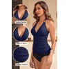 image:imageWomens Halter Tankini Top V Neck Swim Top Tummy Control Bathing Suit  Adjustable Straps Removable Cups Backless Full lining Dry Quickly Full Torso Modesty Via Long HemNavy Blue