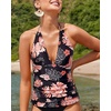 image:imageWomens Halter Tankini Top V Neck Swim Top Tummy Control Bathing Suit  Adjustable Straps Removable Cups Backless Full lining Dry Quickly Full Torso Modesty Via Long HemOrange Pink Floral