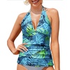 image:imageWomens Halter Tankini Top V Neck Swim Top Tummy Control Bathing Suit  Adjustable Straps Removable Cups Backless Full lining Dry Quickly Full Torso Modesty Via Long HemBlue Leaves
