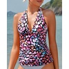 image:imageWomens Halter Tankini Top V Neck Swim Top Tummy Control Bathing Suit  Adjustable Straps Removable Cups Backless Full lining Dry Quickly Full Torso Modesty Via Long HemColorful Leopard