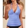 image:imageWomens Halter Tankini Top V Neck Swim Top Tummy Control Bathing Suit  Adjustable Straps Removable Cups Backless Full lining Dry Quickly Full Torso Modesty Via Long HemBlue Striped