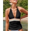 image:imageWomens Halter Tankini Top V Neck Swim Top Tummy Control Bathing Suit  Adjustable Straps Removable Cups Backless Full lining Dry Quickly Full Torso Modesty Via Long HemBlack 01
