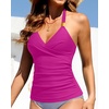 image:imageWomens Halter Tankini Top V Neck Swim Top Tummy Control Bathing Suit  Adjustable Straps Removable Cups Backless Full lining Dry Quickly Full Torso Modesty Via Long HemPurple01