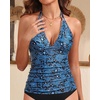 image:imageWomens Halter Tankini Top V Neck Swim Top Tummy Control Bathing Suit  Adjustable Straps Removable Cups Backless Full lining Dry Quickly Full Torso Modesty Via Long HemBlue Paisley 03