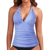 image:imageWomens Halter Tankini Top V Neck Swim Top Tummy Control Bathing Suit  Adjustable Straps Removable Cups Backless Full lining Dry Quickly Full Torso Modesty Via Long HemBlue Striped