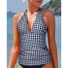 image:imageWomens Halter Tankini Top V Neck Swim Top Tummy Control Bathing Suit  Adjustable Straps Removable Cups Backless Full lining Dry Quickly Full Torso Modesty Via Long HemBlack and White Plaid