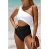 image:imageWomens One Piece Swimsuit One Shoulder Cutout Tummy Control Bathing Suit  Wide Strap Removable Pads Full Coverage Full Lined Colorblack Sexy Chafefree skin via claspfree backWhite and Black