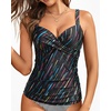 image:imageWomens Underwire Tankini Top Only Tummy Control Push Up Swimsuit Top  Twist Front Sweetheart Neckline Unremovable Cups Push Up Bra Criss Cross Back Adjustable StrapsColorful Stripe